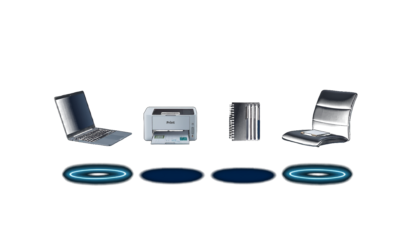 Laptop, impresora, silla y útiles de oficina DISTCOSTA flotando
