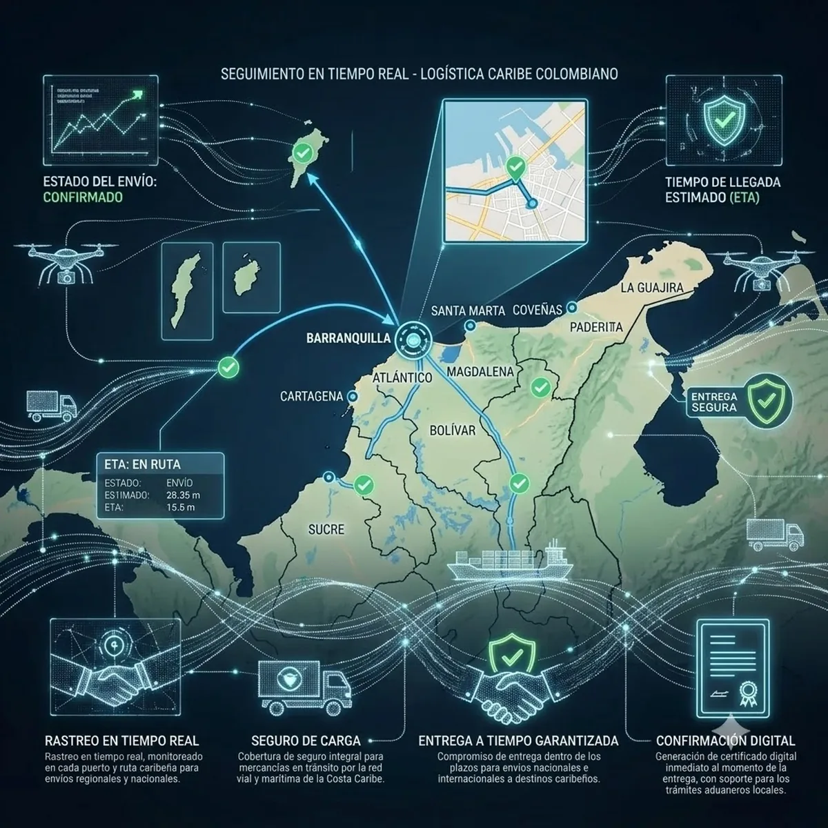 Mapa de cobertura de Distribuciones Estratégicas en la Costa Caribe: Barranquilla, Cartagena, Santa Marta, Atlántico, Magdalena, Bolívar, Sucre y La Guajira, con seguimiento del envío en tiempo real